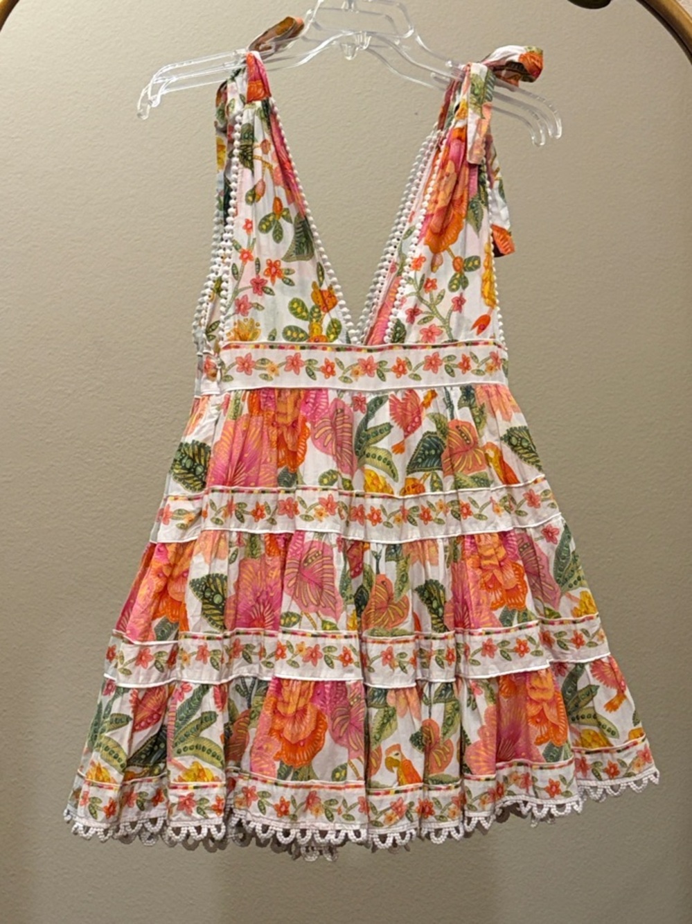 FARM Rio Macaw Bloom Tie-Strap Tiered Floral Print Mini Dress Size M - Picture 6 of 12